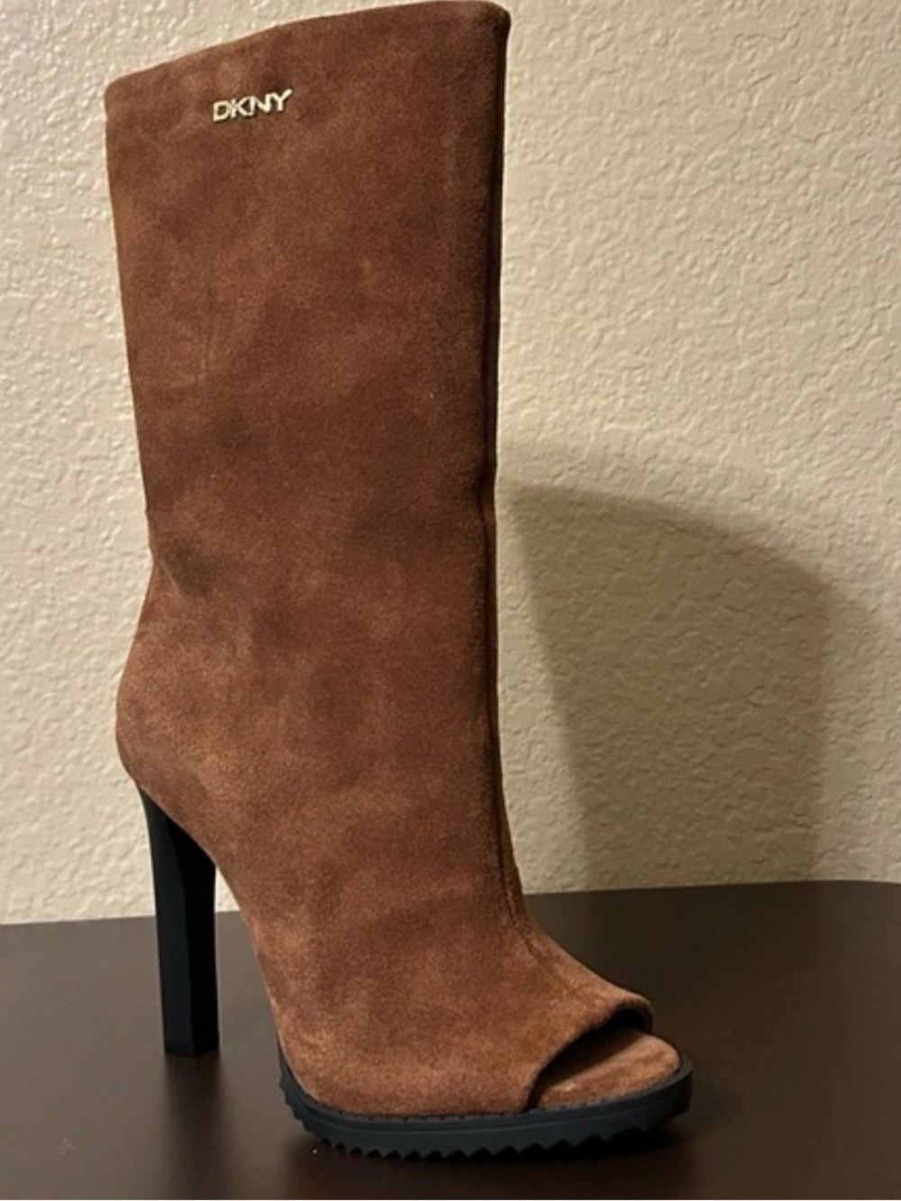 DKNY Brown Suede Open-Toe High Heel Boot